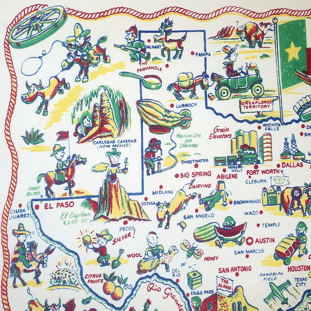 SOLD Vtg Texas Novelty Souvenir Tablecloth 37"x 32" Lone Star State Caricature - Picture 3 of 15